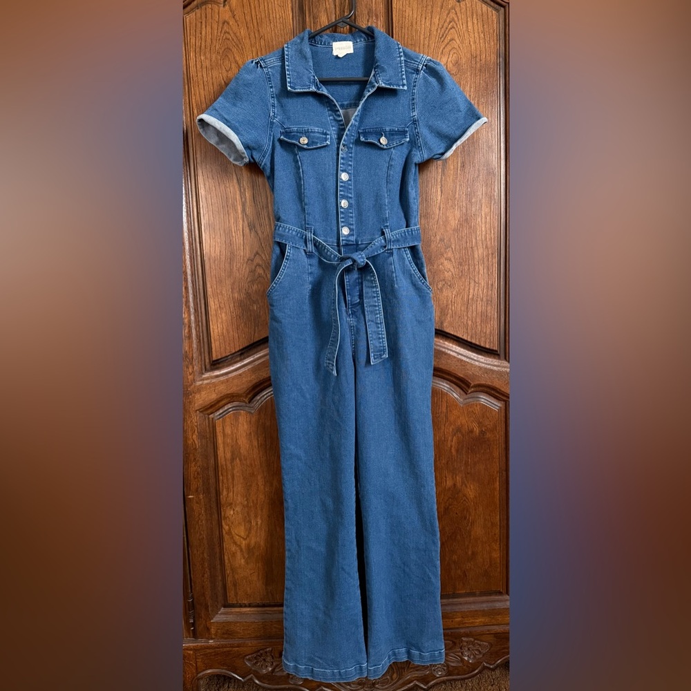 7TH&HUDSON Blue Denim Short  Sleeve Stretch W/Pockets Stretch Belted Jumpsuit M